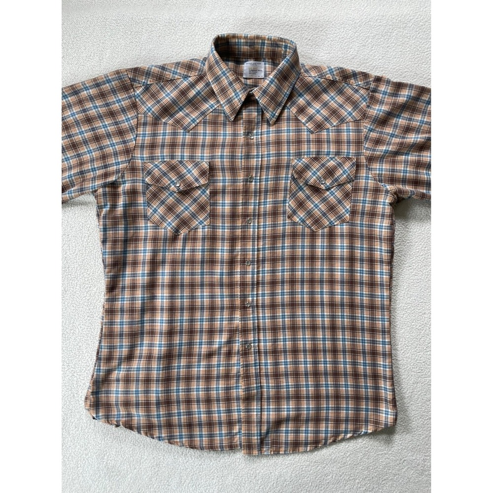 Vintage 1970's Big Mac Mens Large Western Snap Shirt Brown Blue Plaid JCPenney